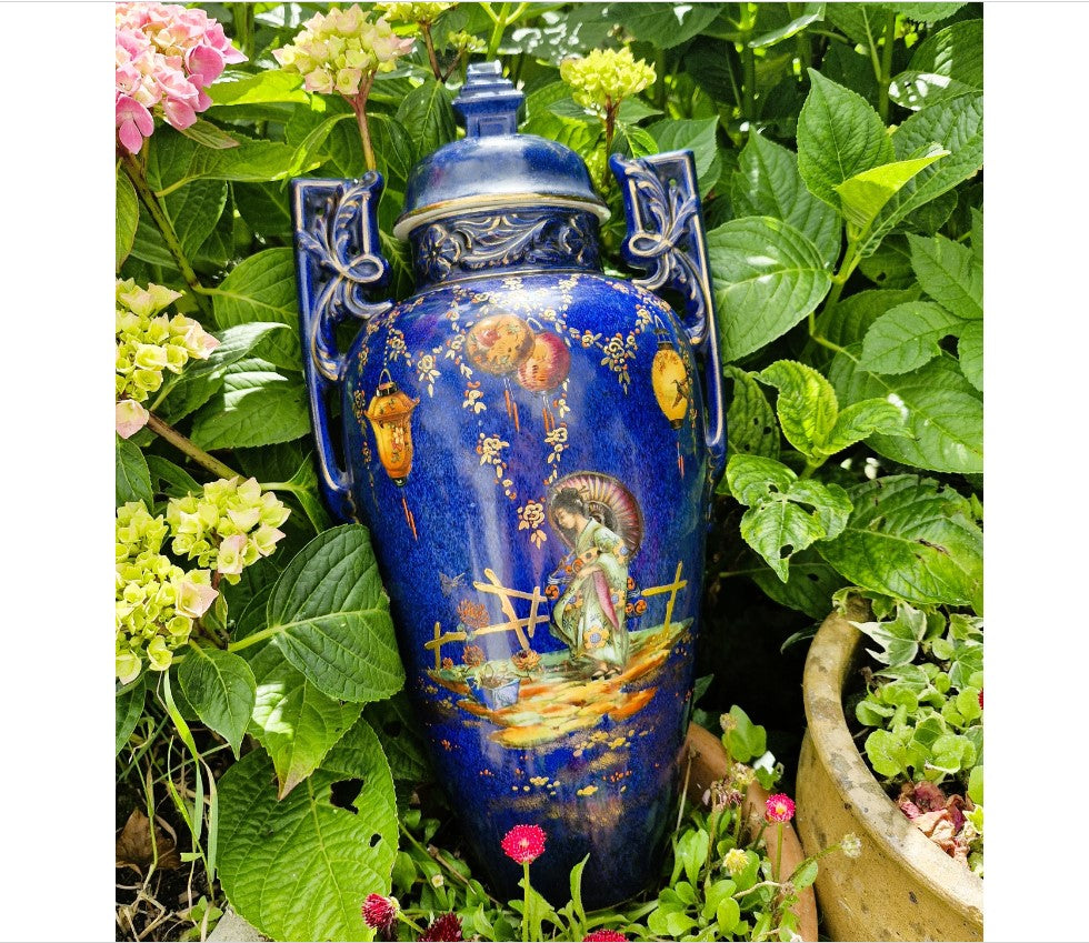 Large Blue Oriental Urn with Lid, Chinese Vase, Large Oriental Vase, Large Oriental Urn, lidded, Decorative, Blue, Flowers, Birds, People, 20 Inches
