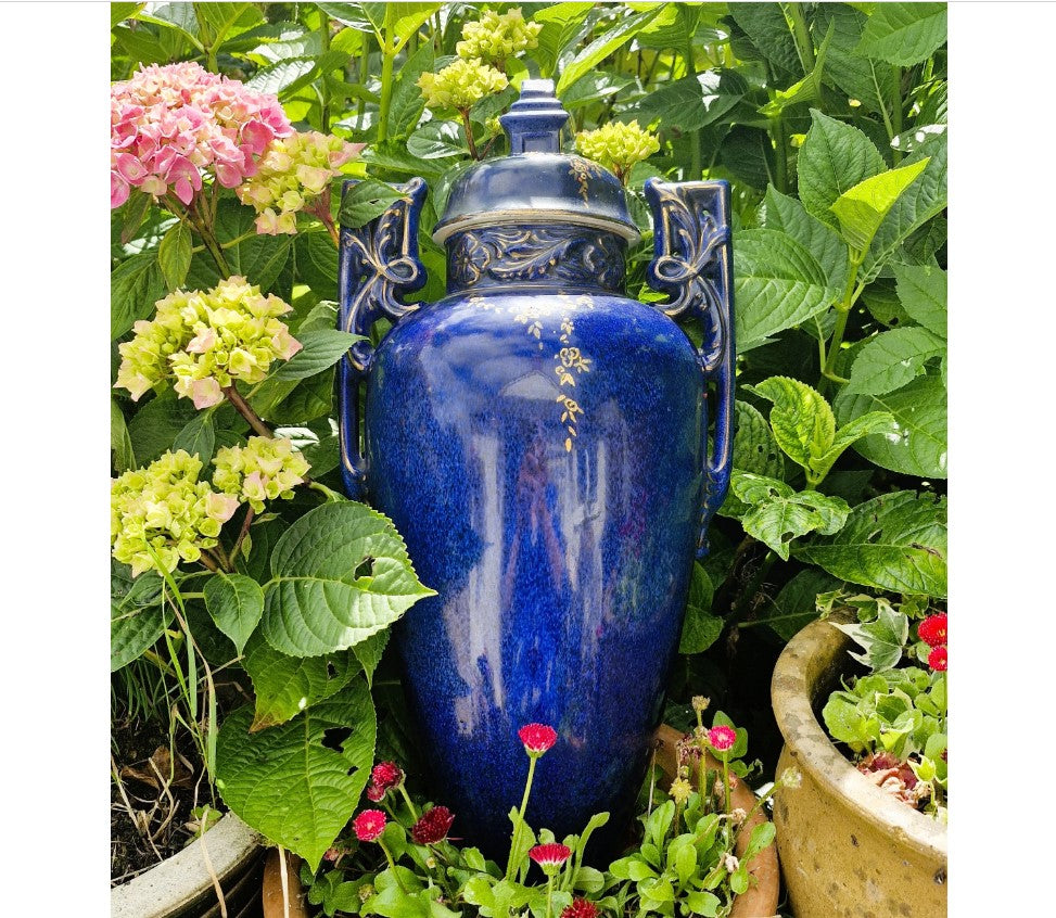 Large Blue Oriental Urn with Lid, Chinese Vase, Large Oriental Vase, Large Oriental Urn, lidded, Decorative, Blue, Flowers, Birds, People, 20 Inches