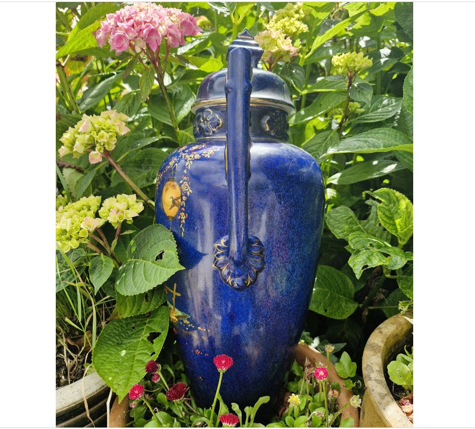 Large Blue Oriental Urn with Lid, Chinese Vase, Large Oriental Vase, Large Oriental Urn, lidded, Decorative, Blue, Flowers, Birds, People, 20 Inches
