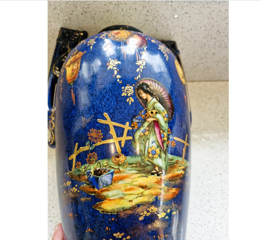 Large Blue Oriental Urn with Lid, Chinese Vase, Large Oriental Vase, Large Oriental Urn, lidded, Decorative, Blue, Flowers, Birds, People, 20 Inches
