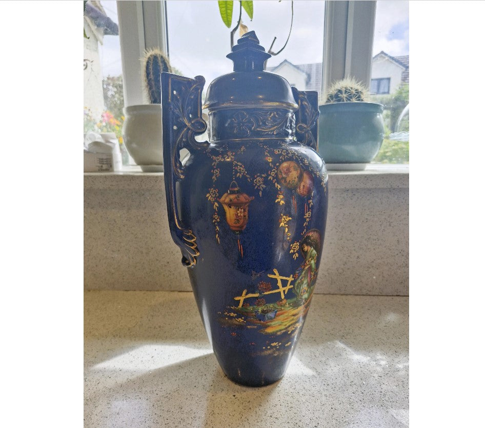Large Blue Oriental Urn with Lid, Chinese Vase, Large Oriental Vase, Large Oriental Urn, lidded, Decorative, Blue, Flowers, Birds, People, 20 Inches