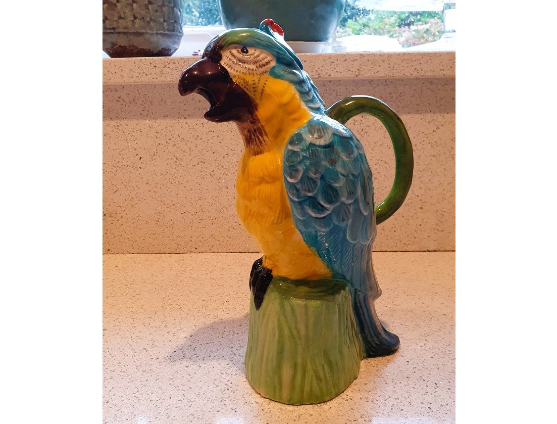 Large Parrot Jug, Parrot Pitcher, Vintage, Hand Painted Parrot Jug, Water Jug, Parrot Pitcher, Ceramic, Cockatoo, Macaw, 11 Inches