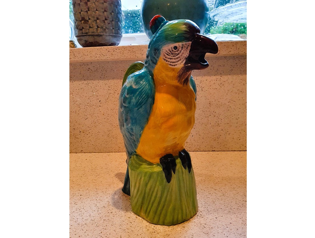 Large Parrot Jug, Parrot Pitcher, Vintage, Hand Painted Parrot Jug, Water Jug, Parrot Pitcher, Ceramic, Cockatoo, Macaw, 11 Inches