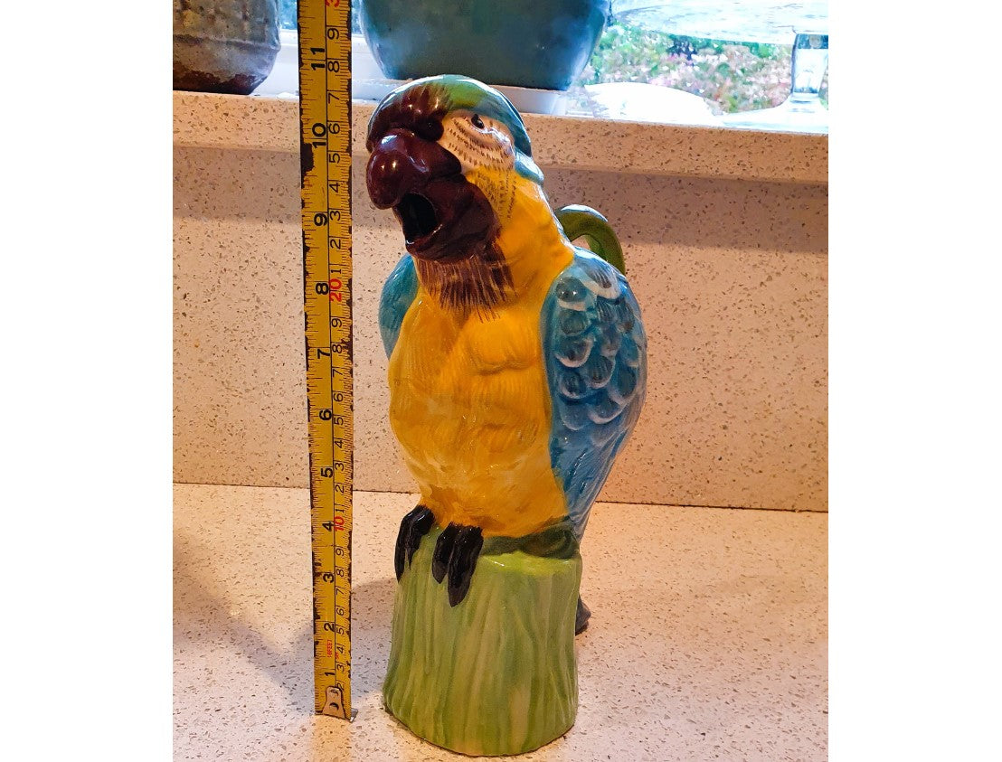 Large Parrot Jug, Parrot Pitcher, Vintage, Hand Painted Parrot Jug, Water Jug, Parrot Pitcher, Ceramic, Cockatoo, Macaw, 11 Inches