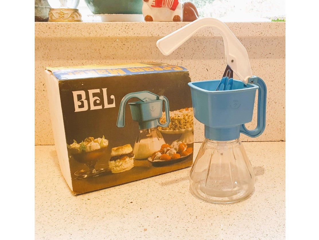 Original Vintage BEL Cream Maker, 60s Original with metal nozzle, Immaculate condition, Mid Century Kitchenalia, BLUE, BOXED,