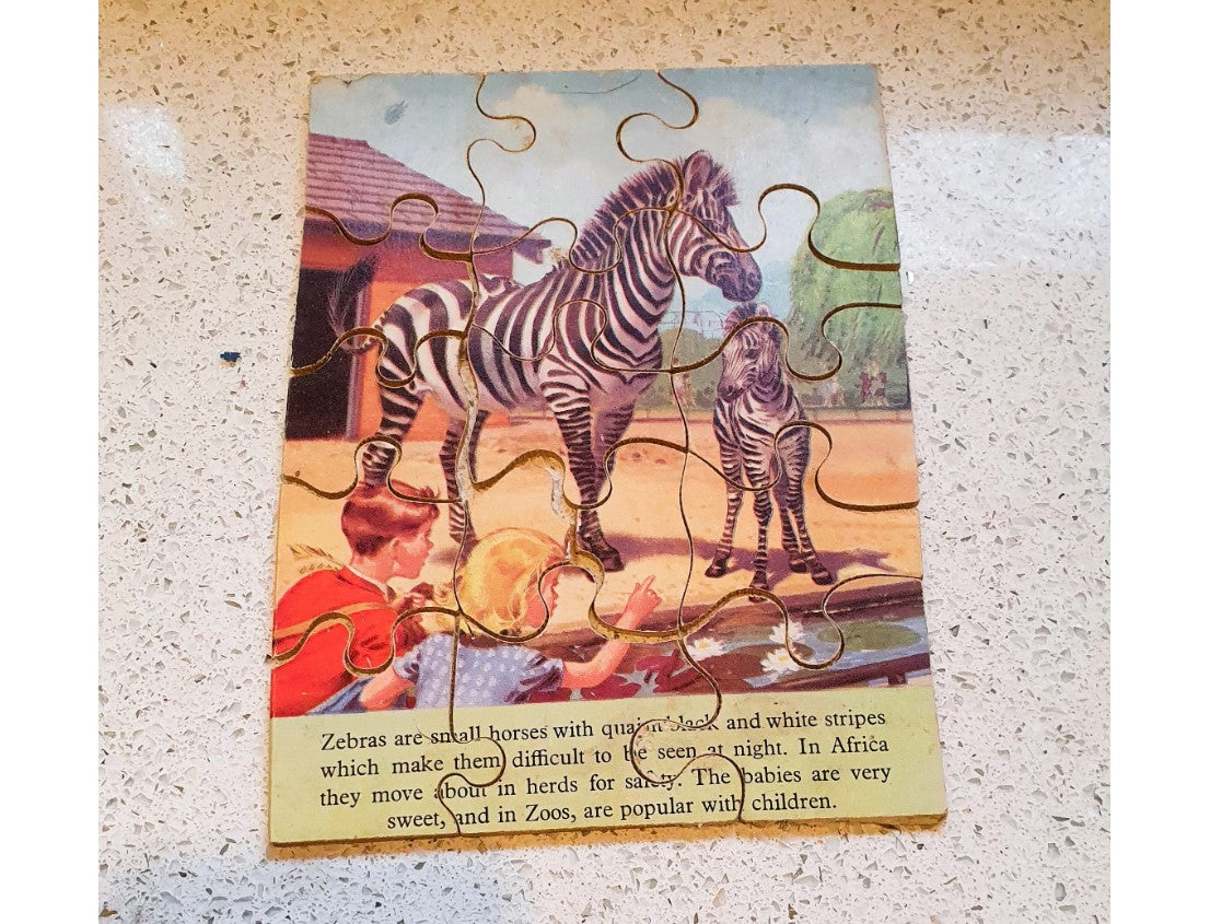 Philmar, Vintage Puzzle, Zebra, Zoo, Spielstunden, 50er, 60er, 8 x 6 Zoll