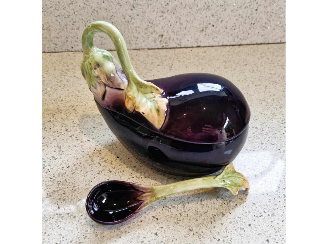 Fitz and Floyd Aubergine Shaped Bowl, Lidded, With Spoon, Aubergine Shaped Bowl