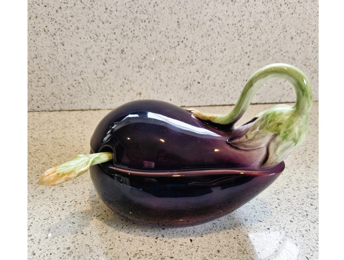 Fitz and Floyd Aubergine Shaped Bowl, Lidded, With Spoon, Aubergine Shaped Bowl