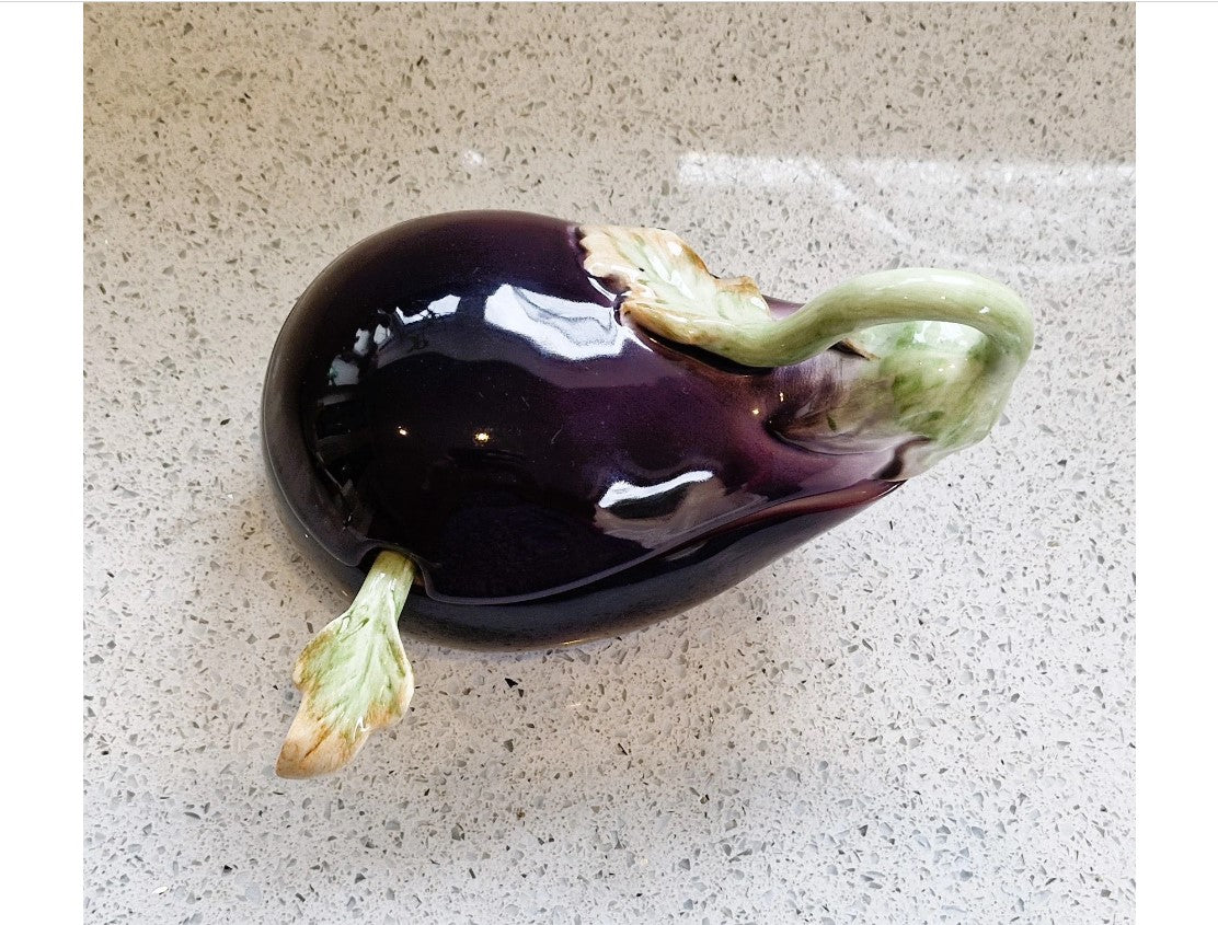 Fitz and Floyd Aubergine Shaped Bowl, Lidded, With Spoon, Aubergine Shaped Bowl