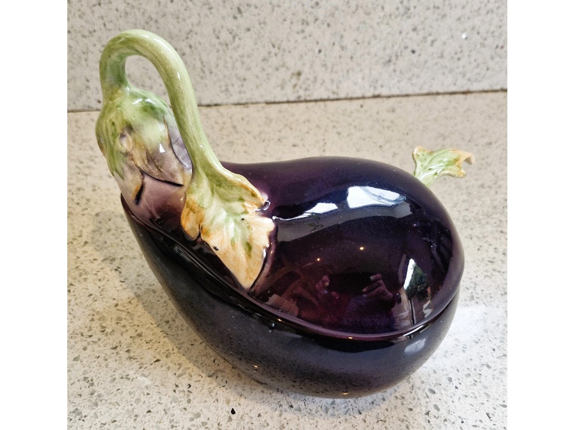 Fitz and Floyd Aubergine Shaped Bowl, Lidded, With Spoon, Aubergine Shaped Bowl