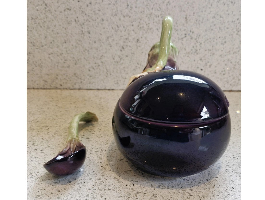 Fitz and Floyd Aubergine Shaped Bowl, Lidded, With Spoon, Aubergine Shaped Bowl
