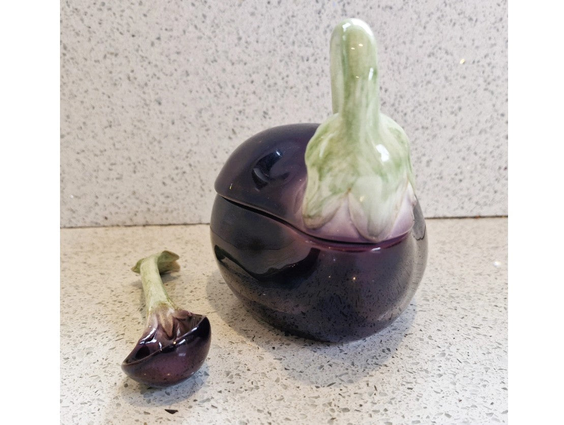 Fitz and Floyd Aubergine Shaped Bowl, Lidded, With Spoon, Aubergine Shaped Bowl