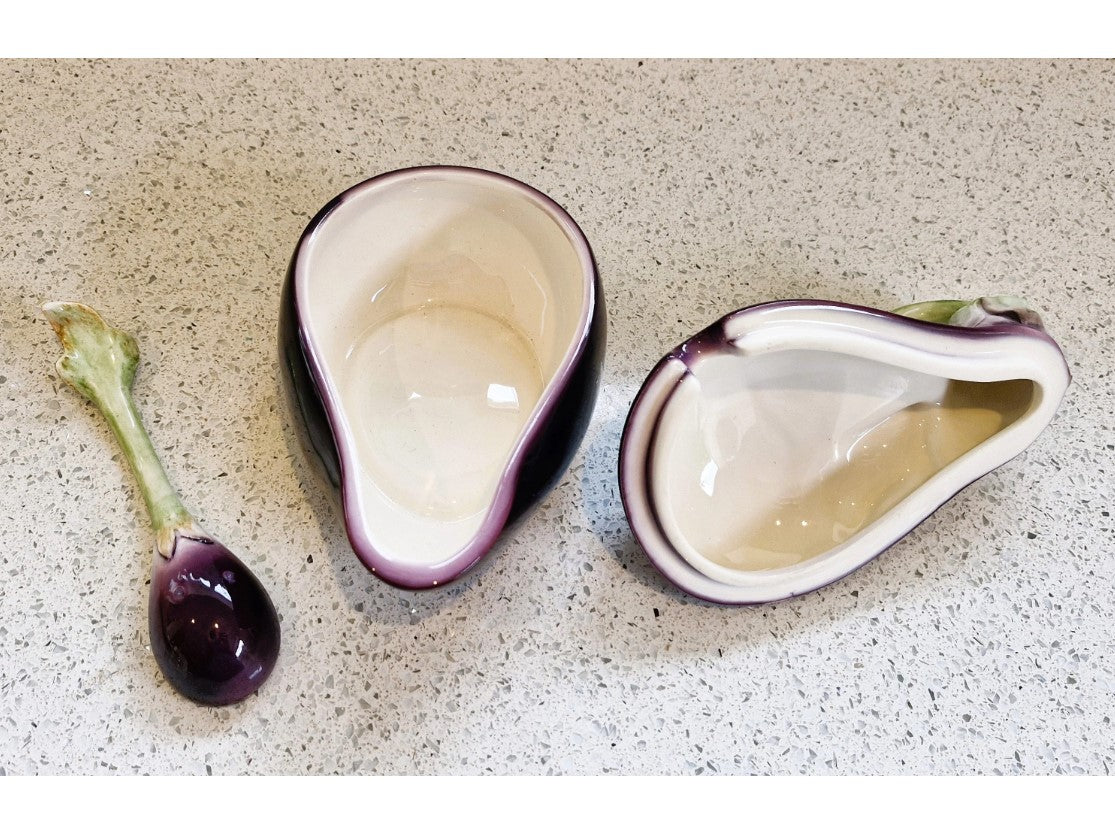 Fitz and Floyd Aubergine Shaped Bowl, Lidded, With Spoon, Aubergine Shaped Bowl
