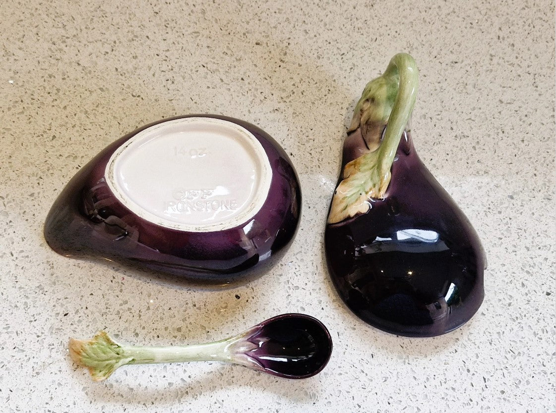 Fitz and Floyd Aubergine Shaped Bowl, Lidded, With Spoon, Aubergine Shaped Bowl