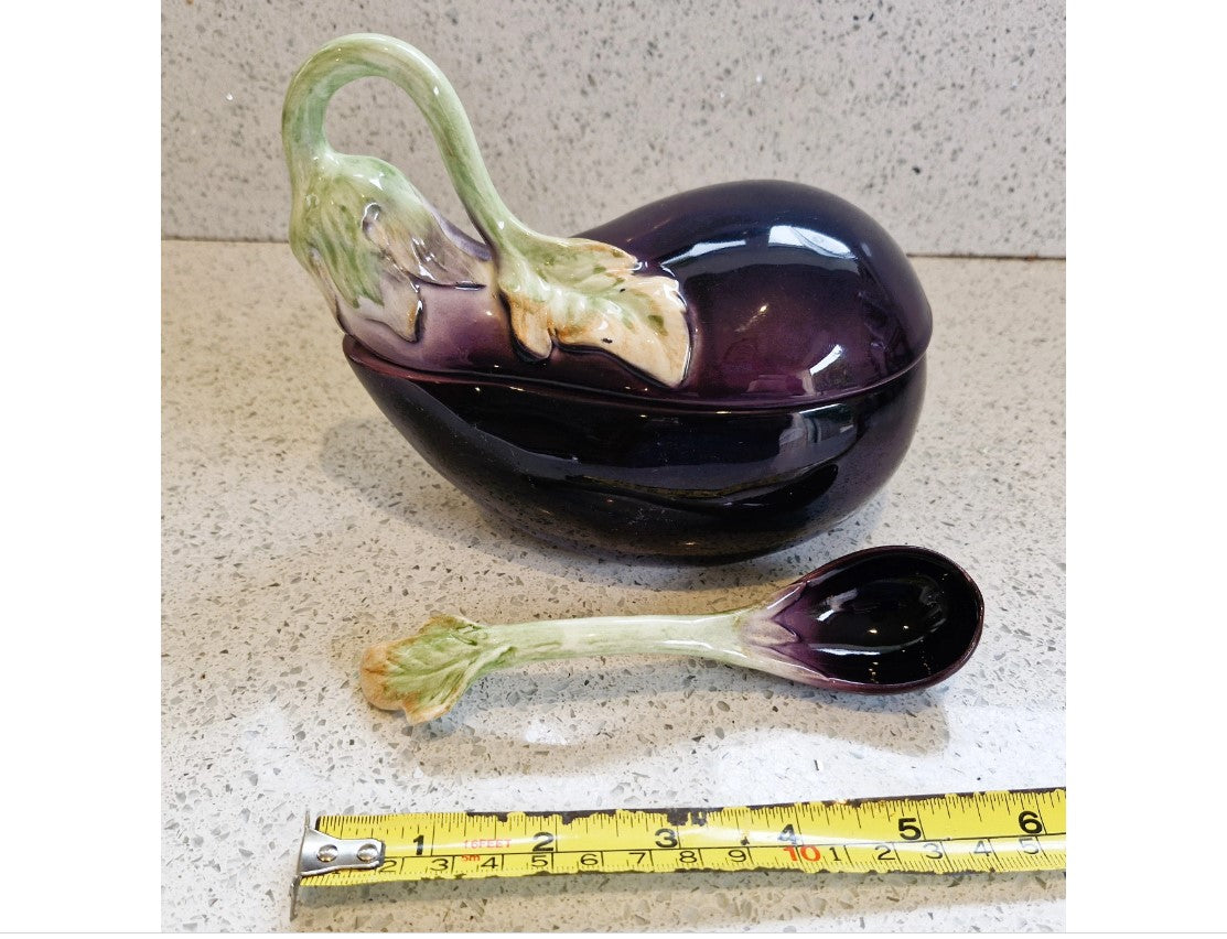 Fitz and Floyd Aubergine Shaped Bowl, Lidded, With Spoon, Aubergine Shaped Bowl