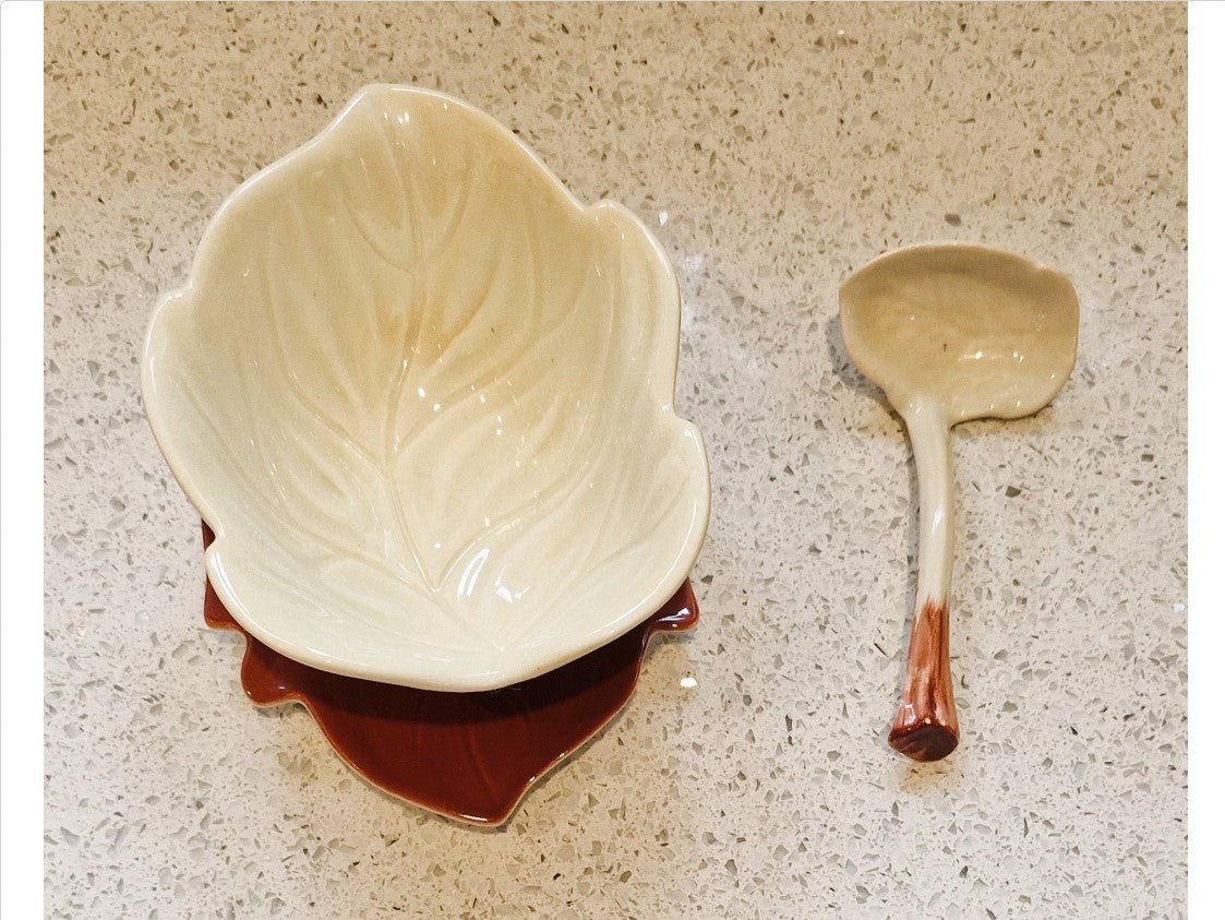 Carltonware, Leaf Shaped Sauce Boat and Ladle, Red and Cream, Carlton Ware