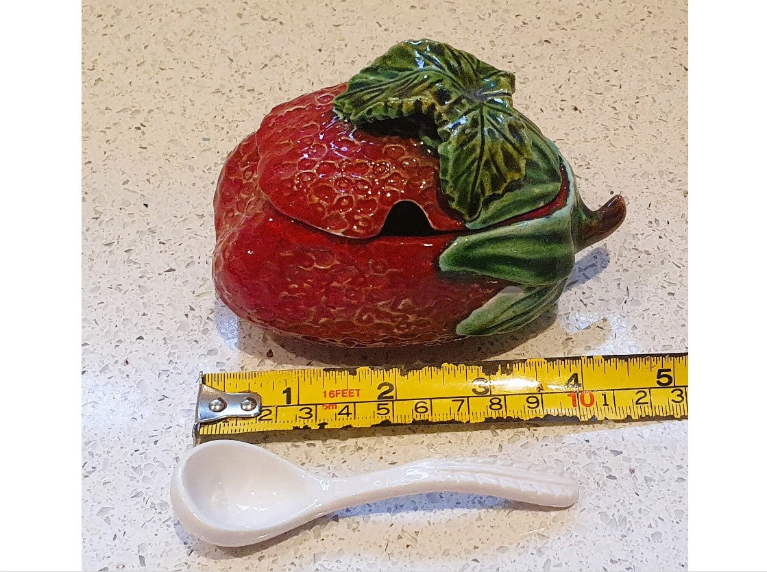 Majolica, Strawberry Jam Pot With Spoon, Quirky, Strawberry shaped, Bowl, Dish, Jam Pot, Vintage Ceramic