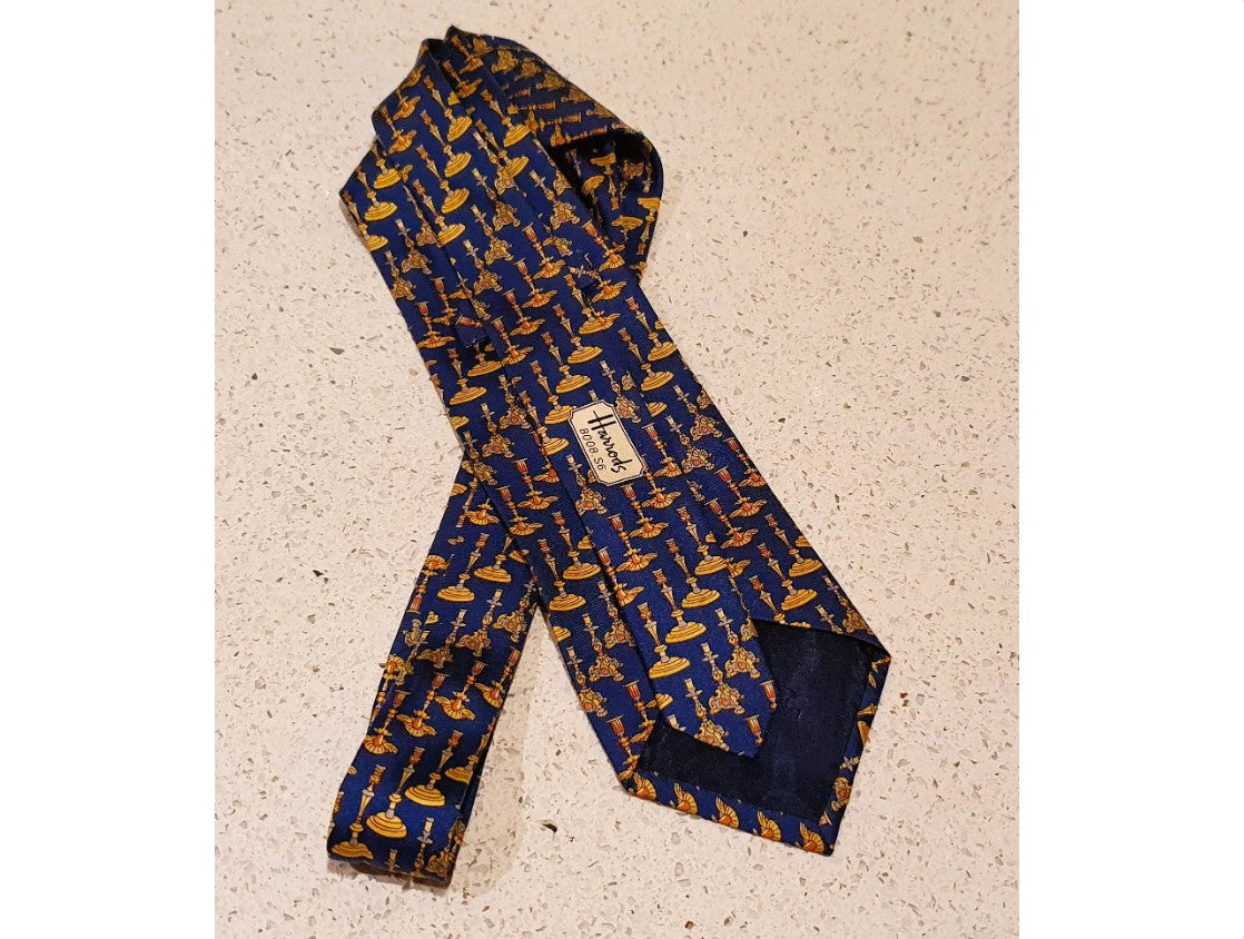 Harrods, original, Men's, Silk Tie, Blue and Gold, Candlestick Design, Harrods, London, England, Made in England