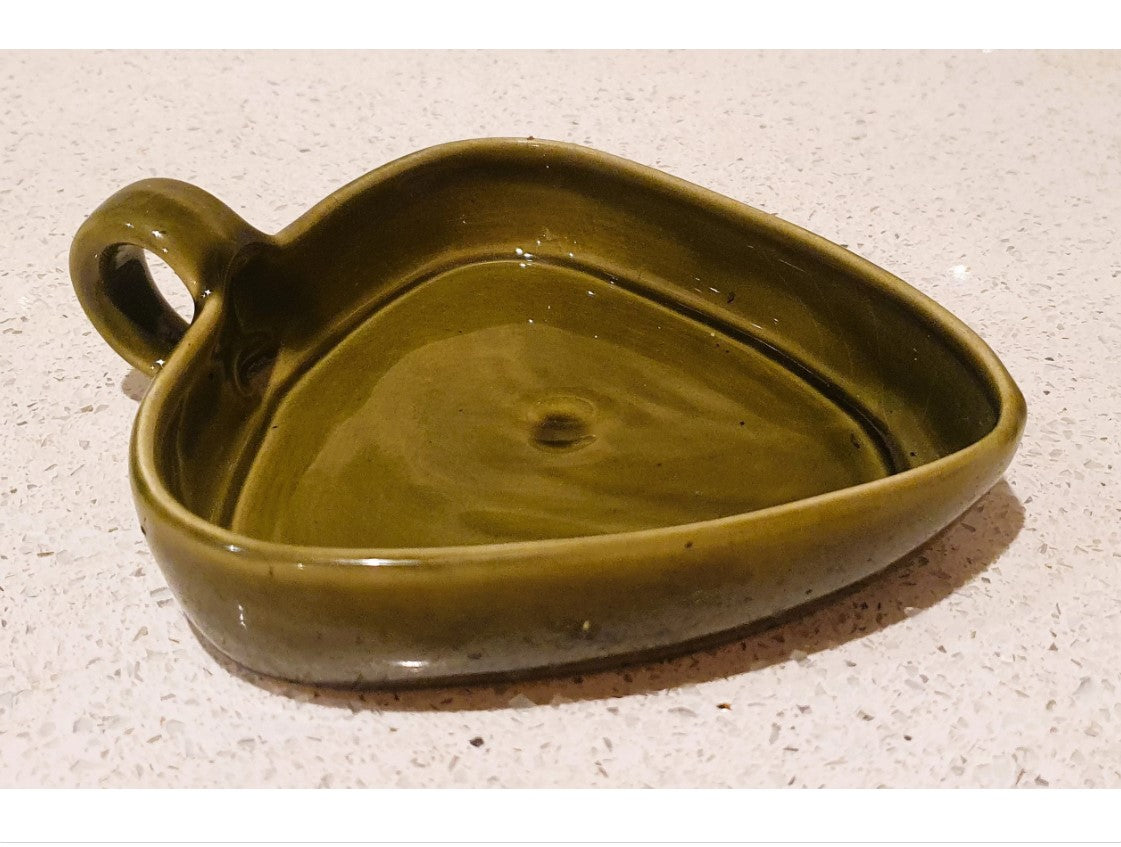 Quirky, Green Dip Bowl, Olive bowl, Tapas, with handle, Babbacombe pottery, handled serving dish, 6" 1960's, Made in England, Devon