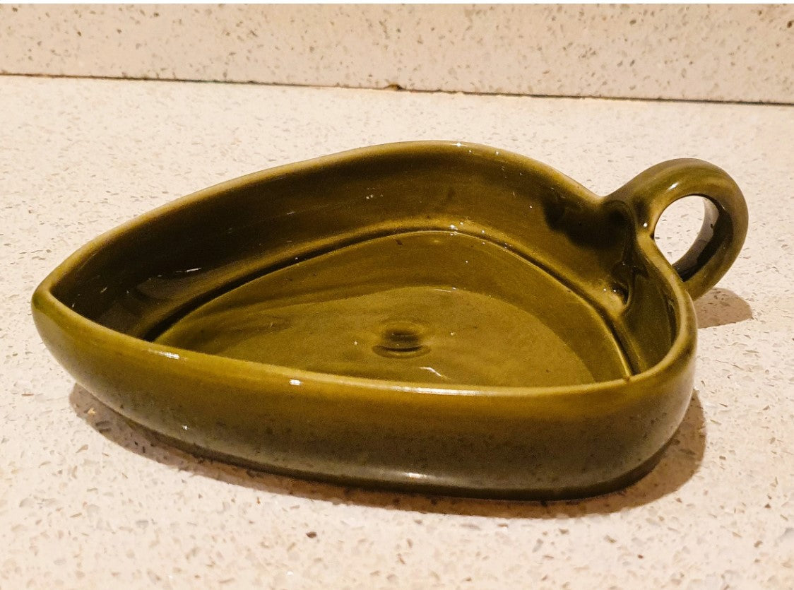 Quirky, Green Dip Bowl, Olive bowl, Tapas, with handle, Babbacombe pottery, handled serving dish, 6" 1960's, Made in England, Devon