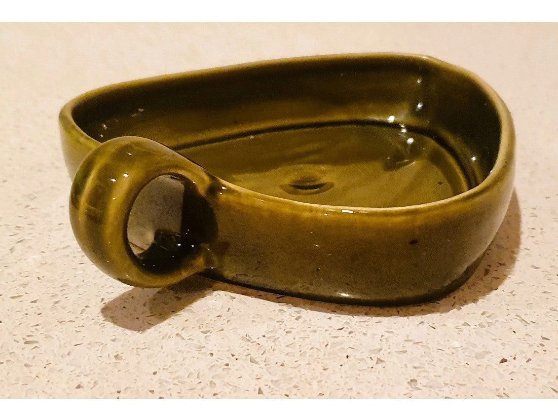 Quirky, Green Dip Bowl, Olive bowl, Tapas, with handle, Babbacombe pottery, handled serving dish, 6" 1960's, Made in England, Devon