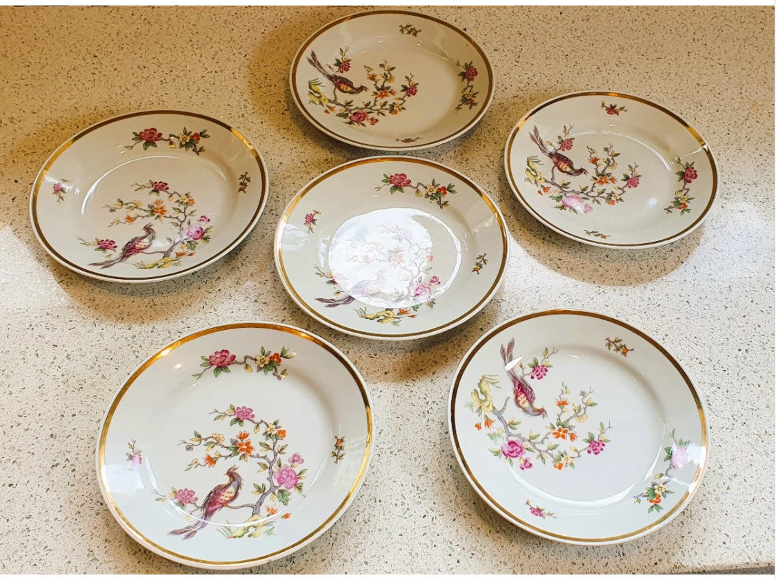 Vintage, 50s, Oriental Pheasant, Peacock, Floral Side, Sandwich Plates, Gold, Gilt, Excellent Condition. Size is 17cm across, GDR, German, East German