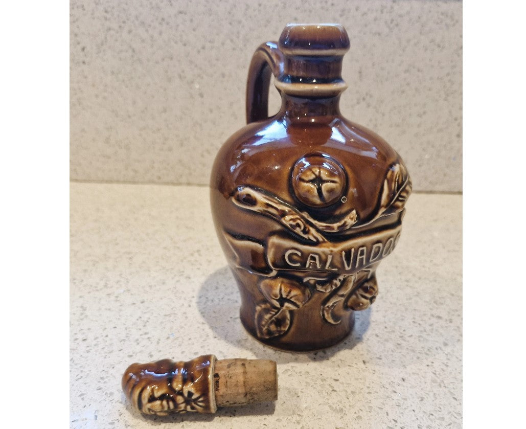 Vintage Calvados Brandy Bottle, ceramic mans head bottle stropper, Normandy, France, French, Bouteille cruche bouchon tête de Normand,