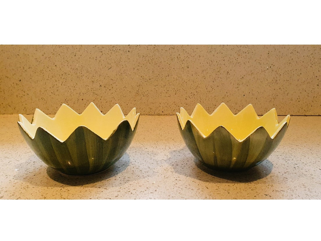Toni Raymond Melon Bowls, Gala Melon, Raymond Pottery, Melon Bowls, Melon Shaped, Bowls, Green And Yellow, Hand Painted, Immaculate