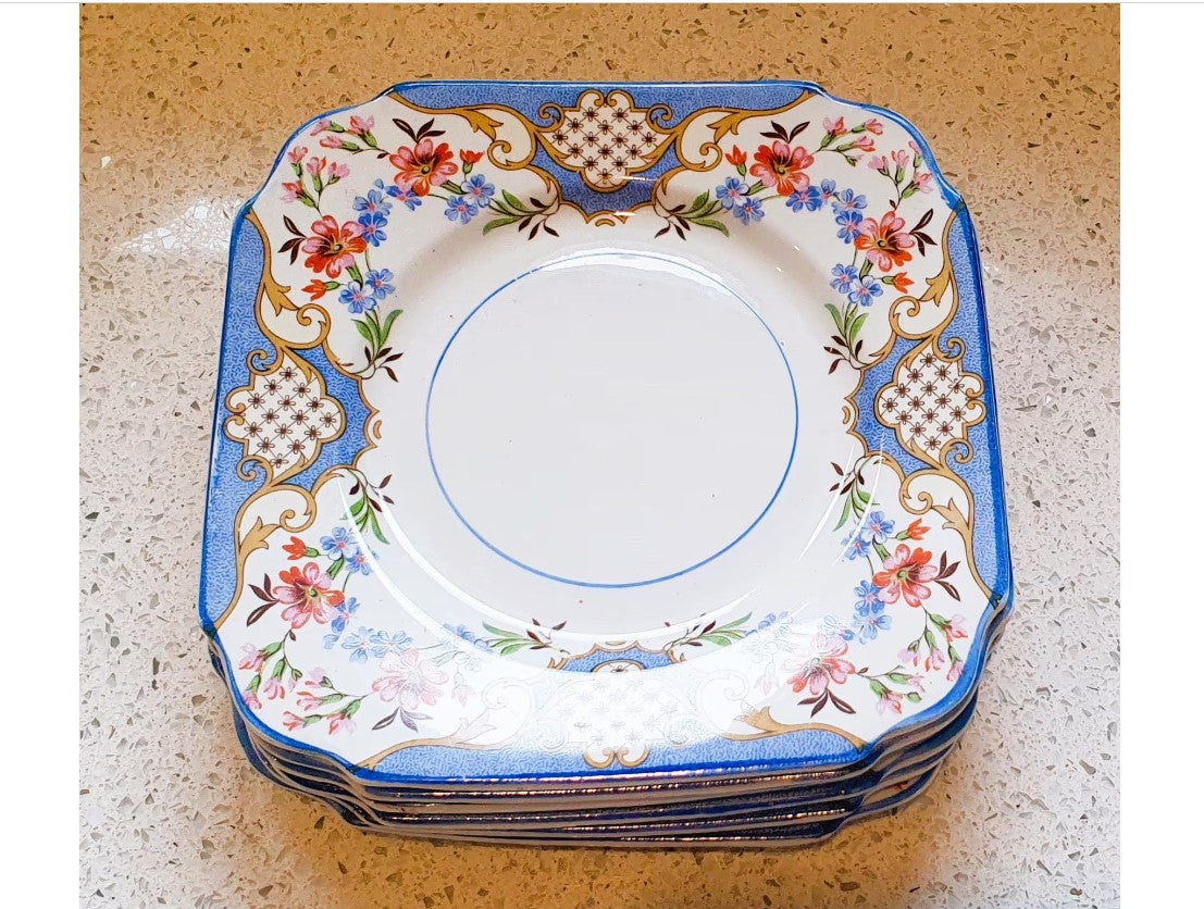 Art Deco Small Plates, Burgess Bros, Blue, White, Pink, Floral, Rare, Made in England, Staffordshire Potteries, Vintage