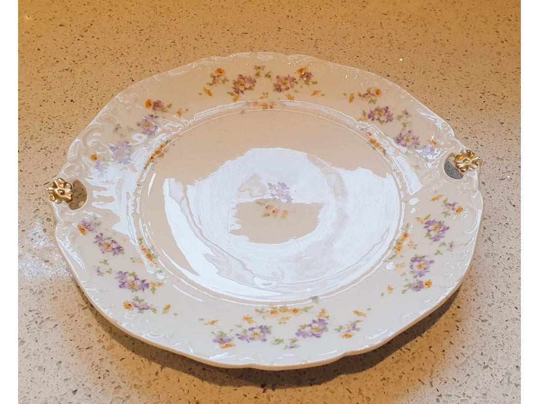 Fine China Cake Plates, Vintage, Gilt edged, Chintz, ditsy flower, German, Floral, White, Pink, Flowers, Afternoon Tea, Gold, 1930s, 10 inch, Round
