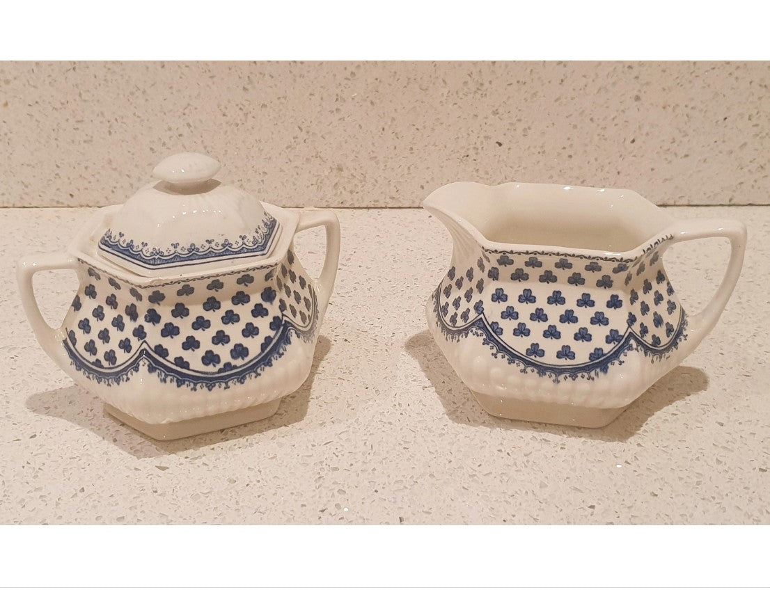 Wedgewood Jug and Sugar Bowl, Adams of Brentwood, English Ironstone, Creamer, Blue Clover Pattern