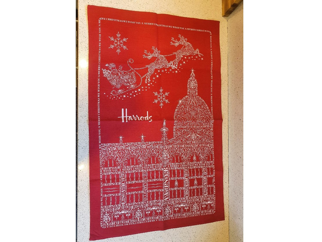 Harrods Tea Towel, Christmas, Store Front, Red and White, Cotton