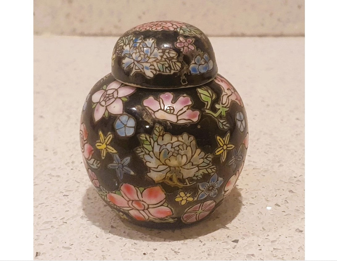 Chinese Ginger Jar, Oriental, Black, Floral, Lidded, Round, Urn, Pink, blue, green, Lotus and Chrysanthemum, Flowers, small