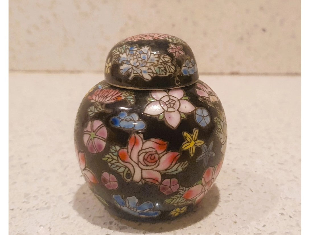 Chinese Ginger Jar, Oriental, Black, Floral, Lidded, Round, Urn, Pink, blue, green, Lotus and Chrysanthemum, Flowers, small