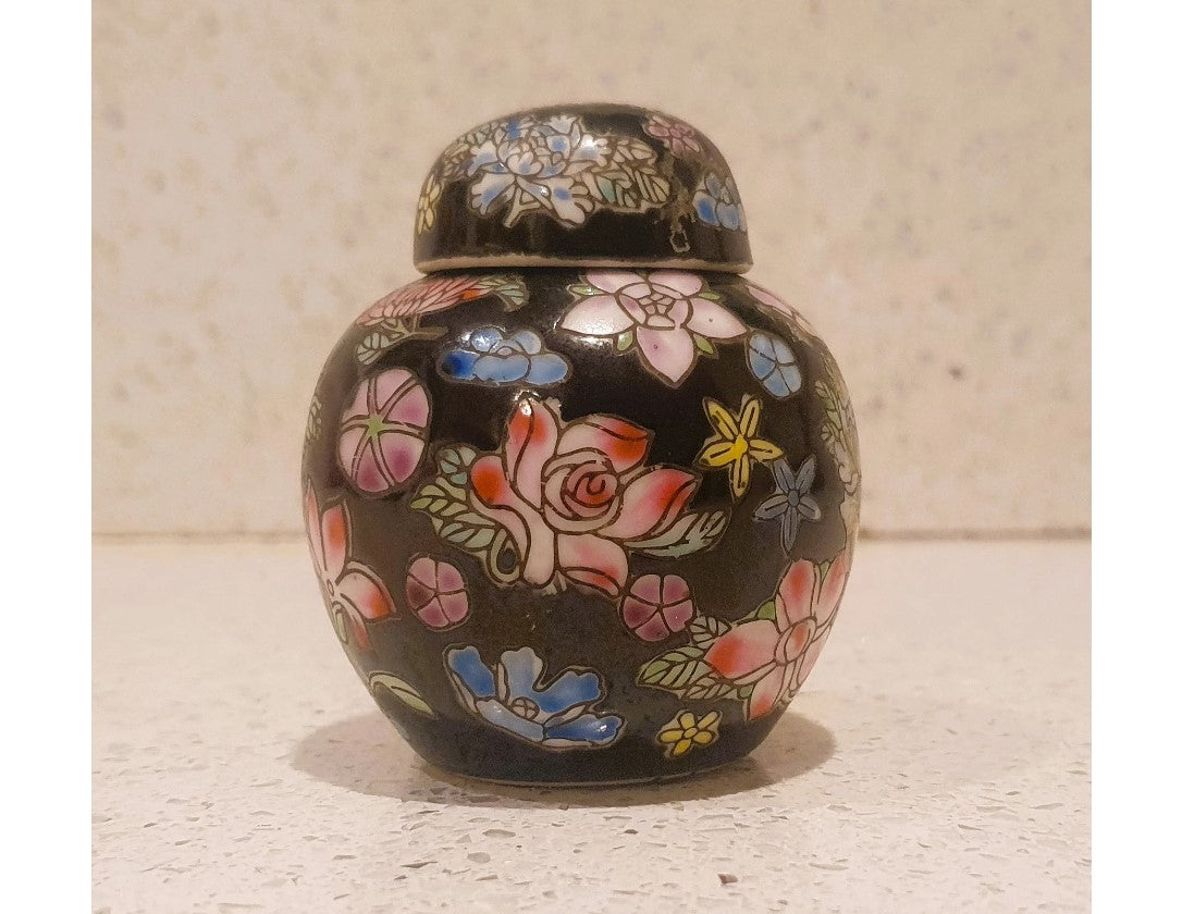 Chinese Ginger Jar, Oriental, Black, Floral, Lidded, Round, Urn, Pink, blue, green, Lotus and Chrysanthemum, Flowers, small