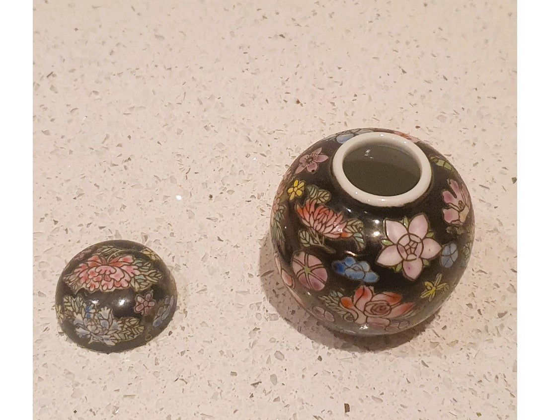 Chinese Ginger Jar, Oriental, Black, Floral, Lidded, Round, Urn, Pink, blue, green, Lotus and Chrysanthemum, Flowers, small