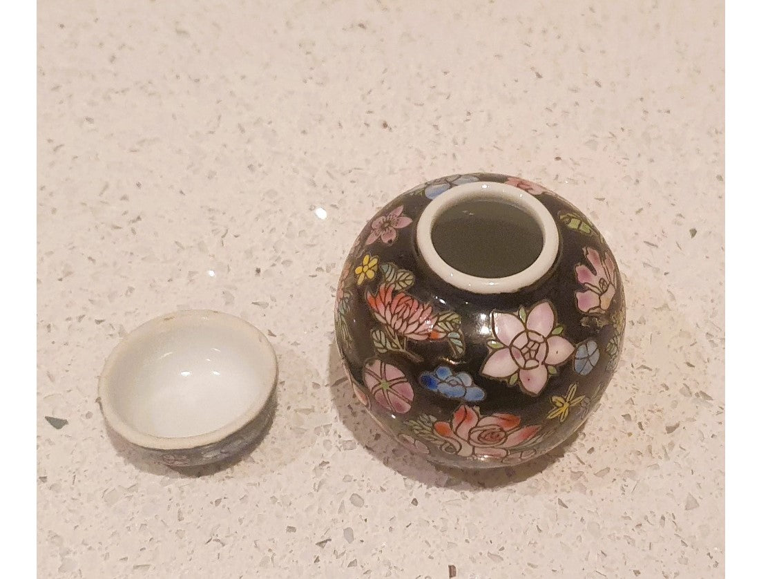 Chinese Ginger Jar, Oriental, Black, Floral, Lidded, Round, Urn, Pink, blue, green, Lotus and Chrysanthemum, Flowers, small