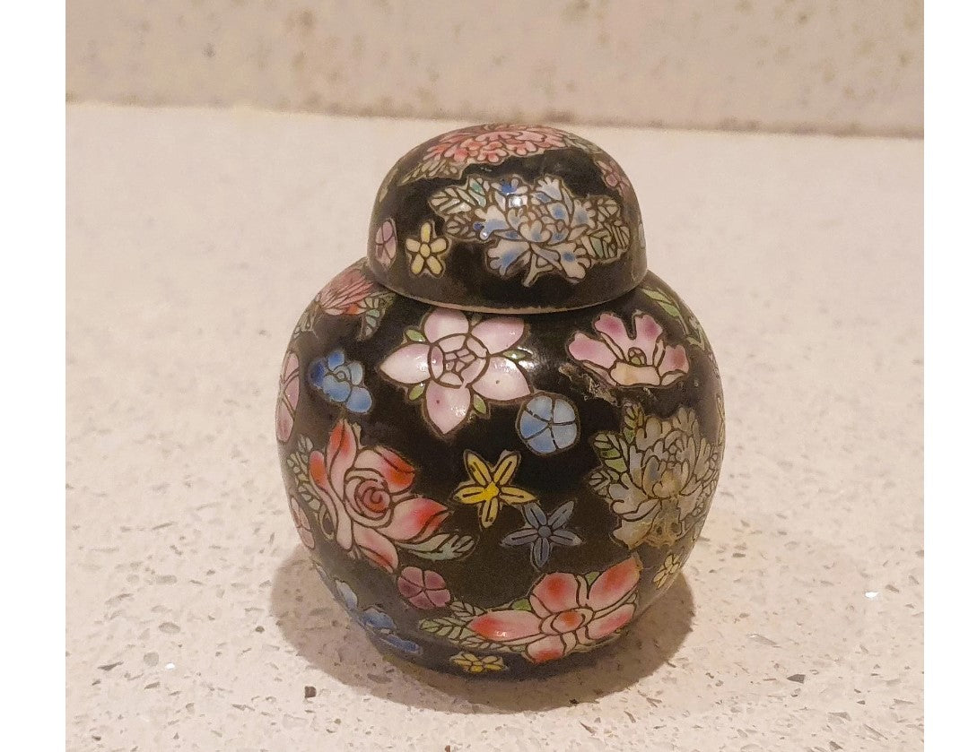 Chinese Ginger Jar, Oriental, Black, Floral, Lidded, Round, Urn, Pink, blue, green, Lotus and Chrysanthemum, Flowers, small