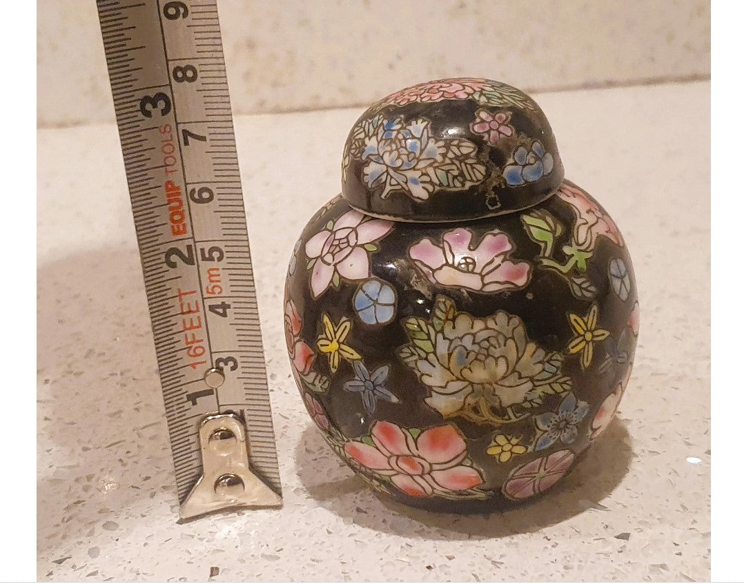 Chinese Ginger Jar, Oriental, Black, Floral, Lidded, Round, Urn, Pink, blue, green, Lotus and Chrysanthemum, Flowers, small