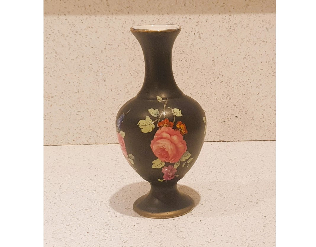 Black Vase with pink flowers, Black Vase with Pink Blossom, Blythe black vase with Hand painted Blossom - 8 Inches