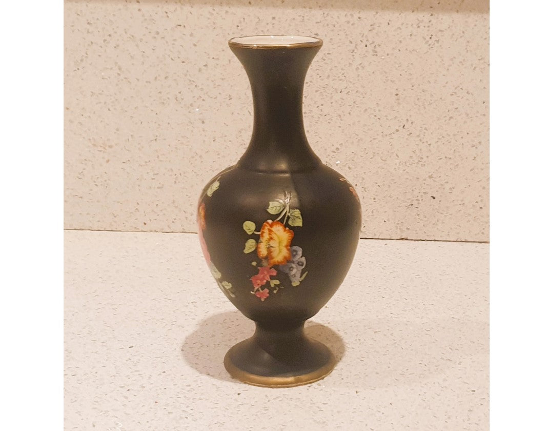 Black Vase with pink flowers, Black Vase with Pink Blossom, Blythe black vase with Hand painted Blossom - 8 Inches