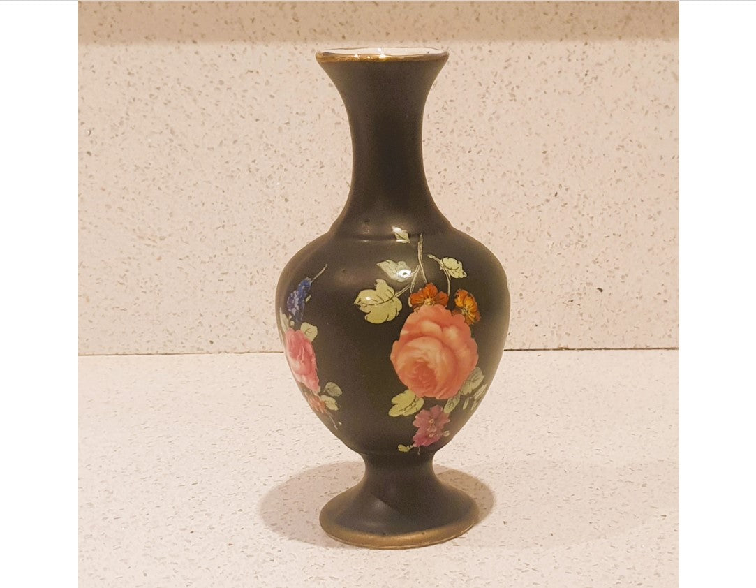 Black Vase with pink flowers, Black Vase with Pink Blossom, Blythe black vase with Hand painted Blossom - 8 Inches