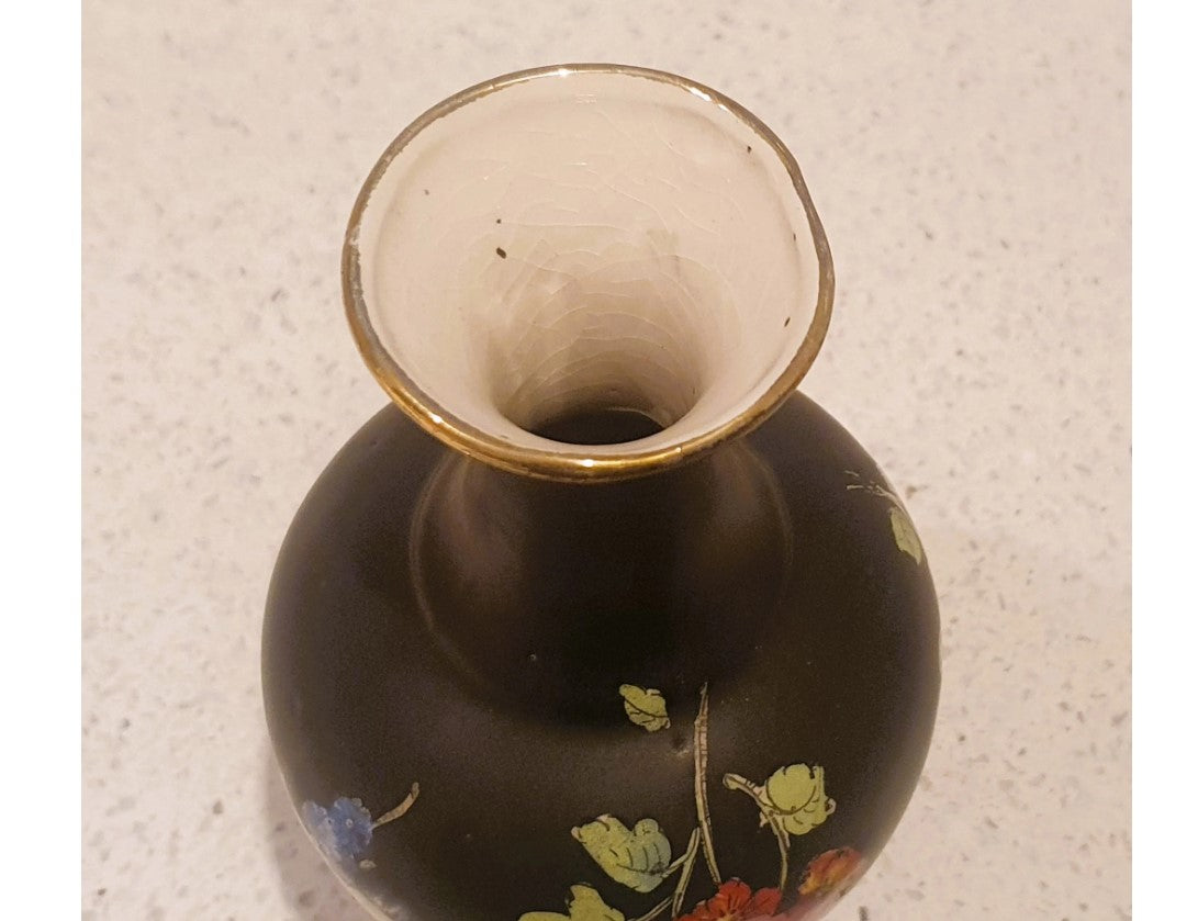 Black Vase with pink flowers, Black Vase with Pink Blossom, Blythe black vase with Hand painted Blossom - 8 Inches