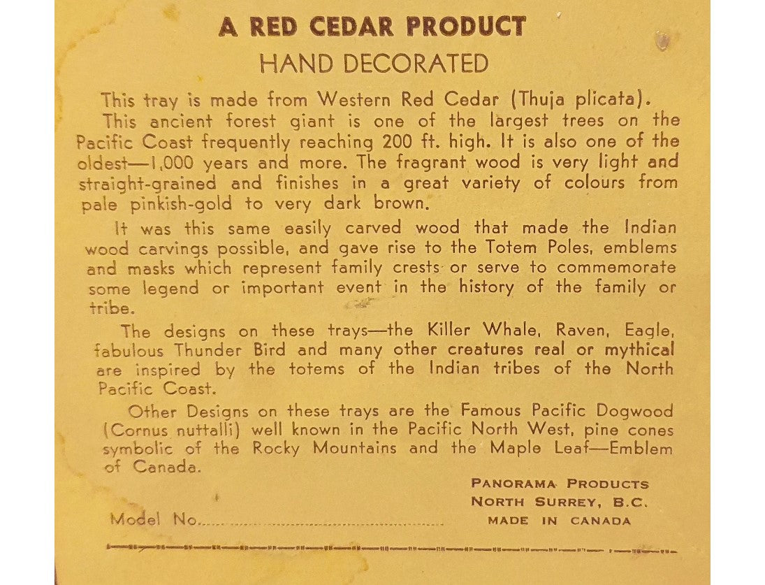 Canadian, Wooden Platter, Panorama Products, Red Cedar Wood Tray, Cedar Wood Plate, Canadian, Maple Leaf Design, original 70s Label.