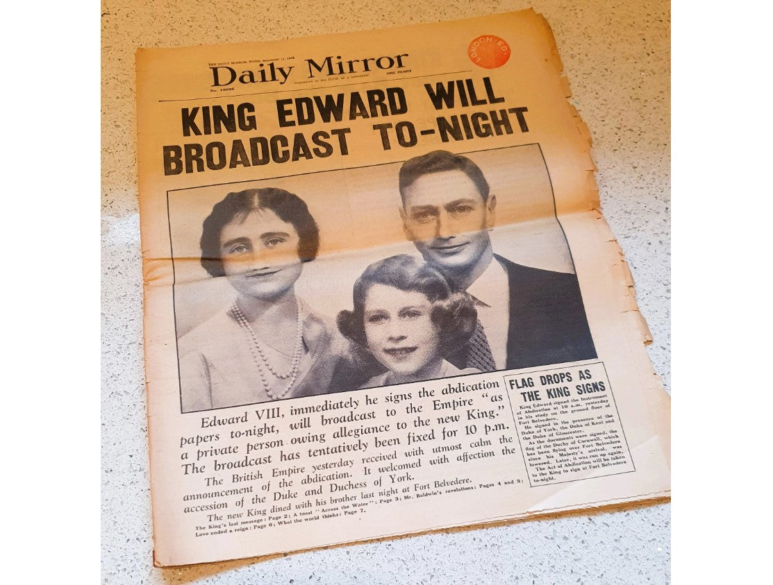 Original, Vintage Zeitung, Abdankung von König Edward, königliche Erinnerungsstücke, britische Monarchie, königliche Geschichte, britische, englische Zeitung, 1936
