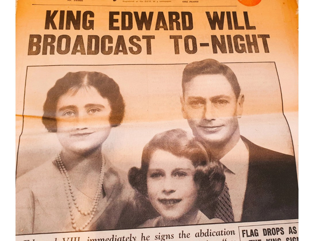 Original, Vintage Zeitung, Abdankung von König Edward, königliche Erinnerungsstücke, britische Monarchie, königliche Geschichte, britische, englische Zeitung, 1936