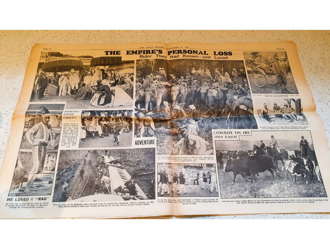 Original, Vintage Zeitung, Abdankung von König Edward, königliche Erinnerungsstücke, britische Monarchie, königliche Geschichte, britische, englische Zeitung, 1936