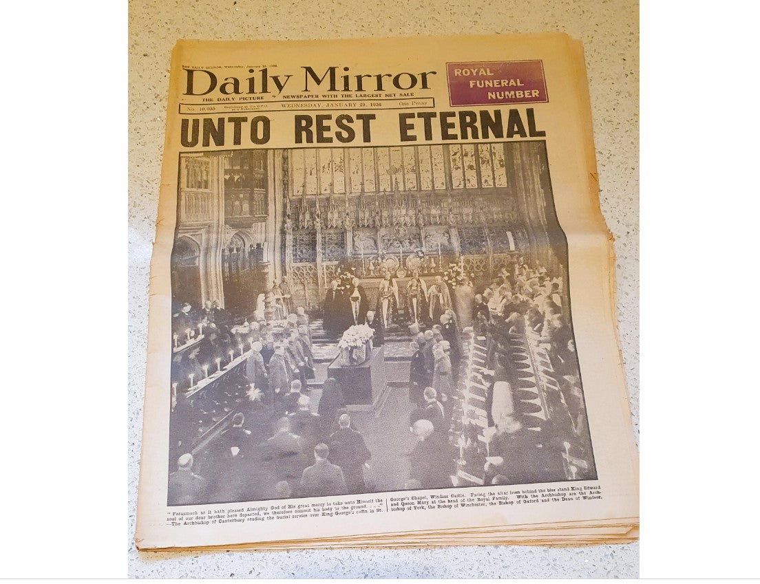 Original, Königliche Erinnerungsstücke, George V, Beerdigung, Tod, Britische Königsfamilie, Monarch, Daily Mirror 1936, Zeitung