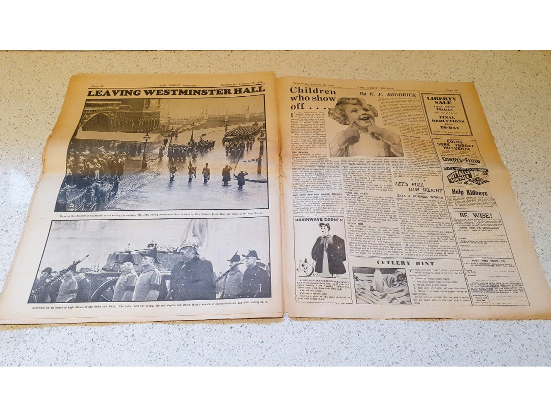 Original, Königliche Erinnerungsstücke, George V, Beerdigung, Tod, Britische Königsfamilie, Monarch, Daily Mirror 1936, Zeitung