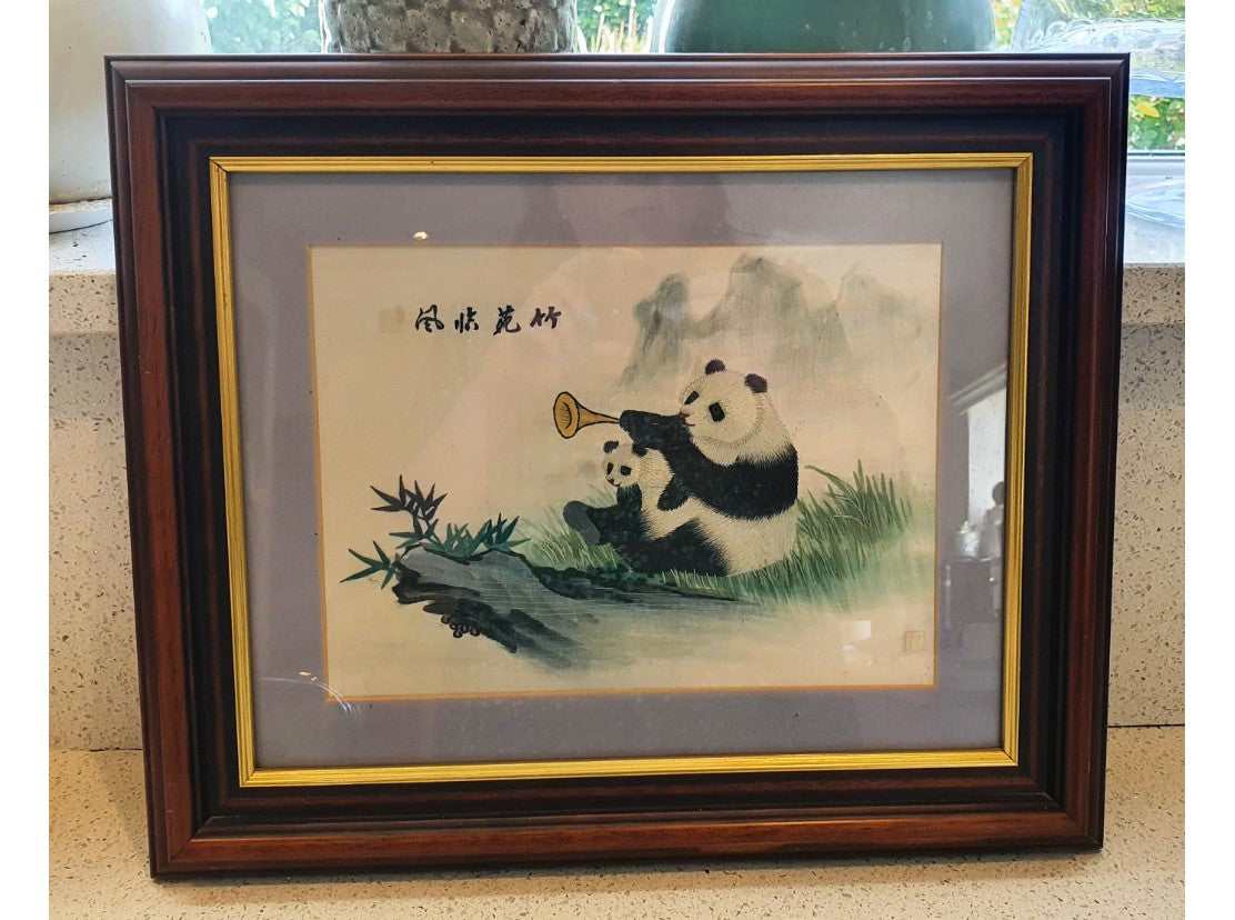 Vintage Chinese Silk Embroidery, Vintage Chinese Art, Silk Art Work, Vintage Chinese, Pandas in the Bamboo forest, Framed